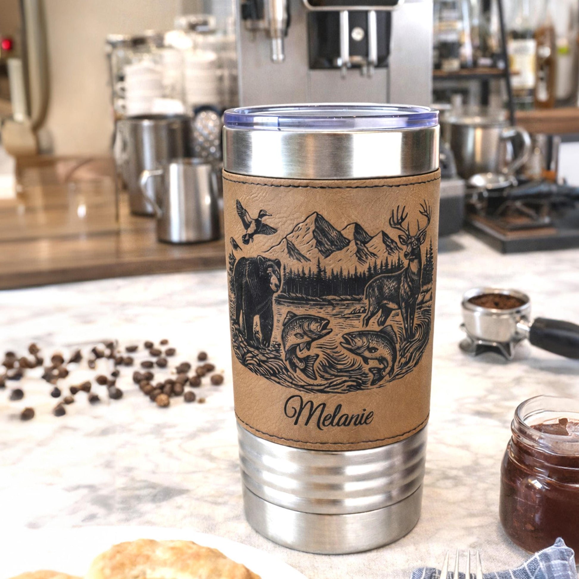 20 ounce Wildlife Lake Engraved Travel Tumbler – Bear, Deer, Duck & Fish Scene, Personalized Leatherette Wrapped Coffee Mug