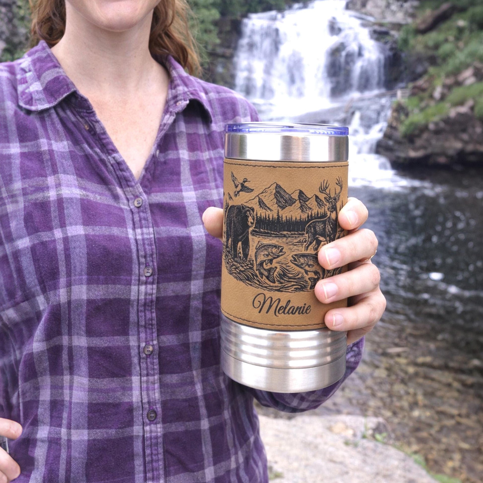 20 ounce Wildlife Lake Engraved Travel Tumbler – Bear, Deer, Duck & Fish Scene, Personalized Leatherette Wrapped Coffee Mug