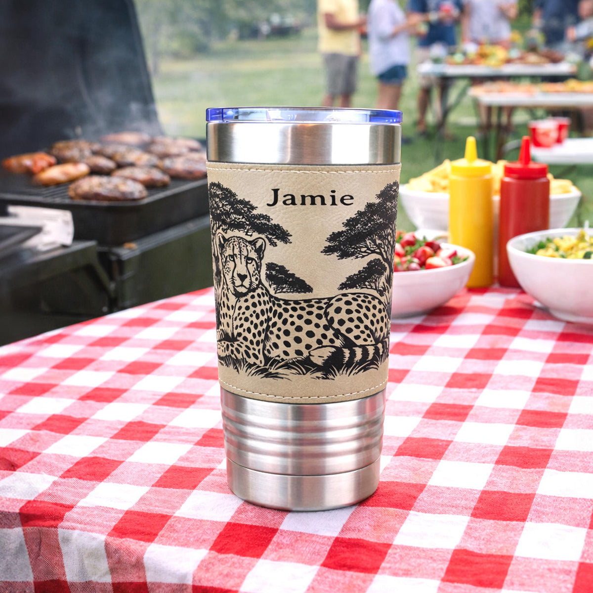 Cheetah Safari Engraved Travel Tumbler – Leatherette Wrap – 20 oz. Personalized Coffee Mug
