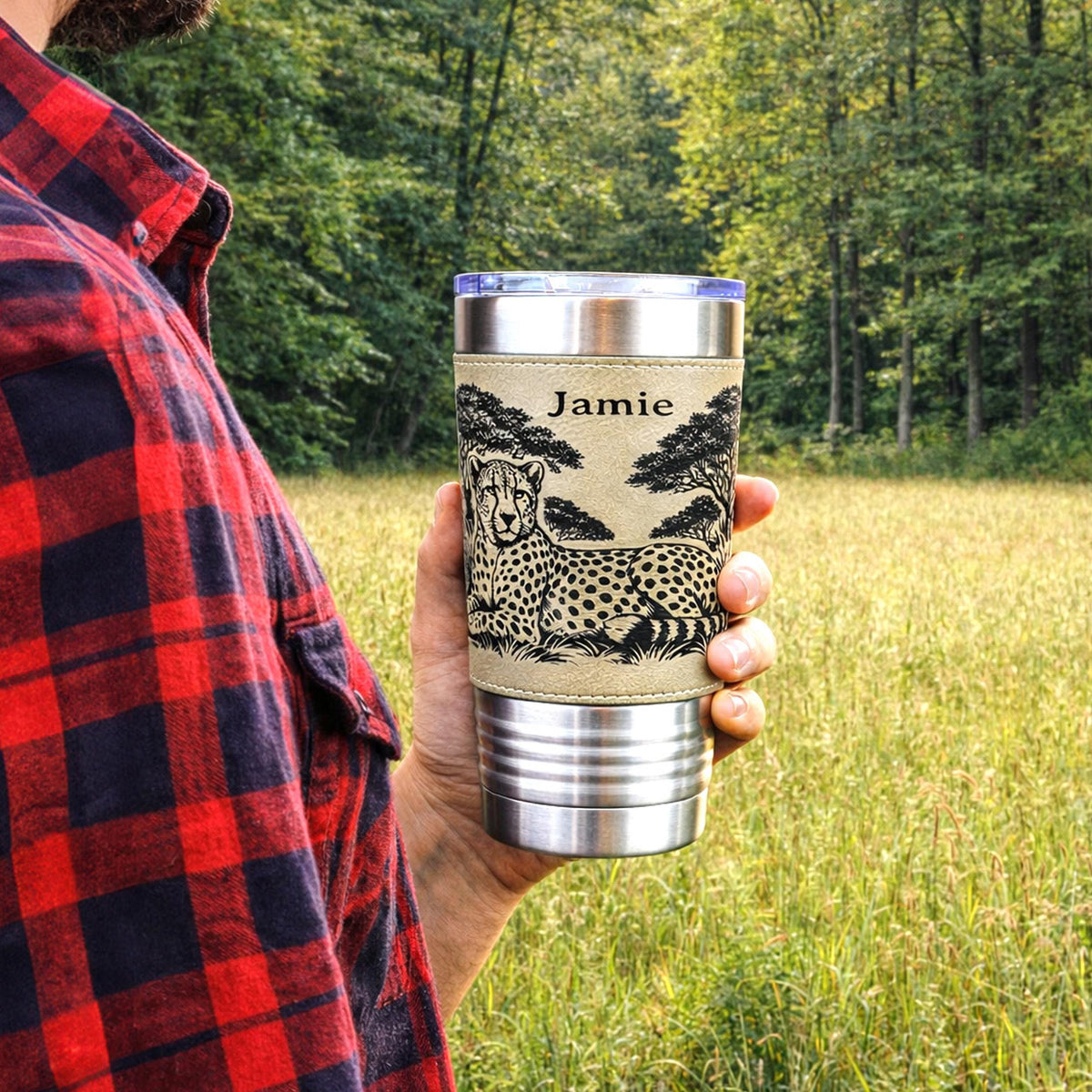 Cheetah Safari Engraved Travel Tumbler – Leatherette Wrap – 20 oz. Personalized Coffee Mug
