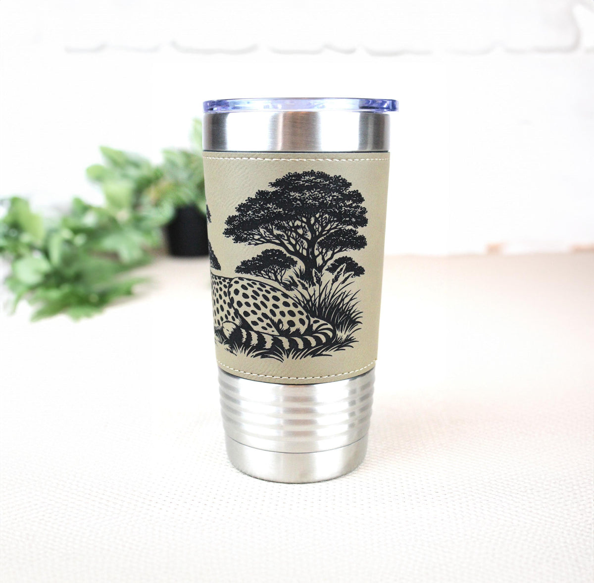 Cheetah Safari Engraved Travel Tumbler – Leatherette Wrap – 20 oz. Personalized Coffee Mug