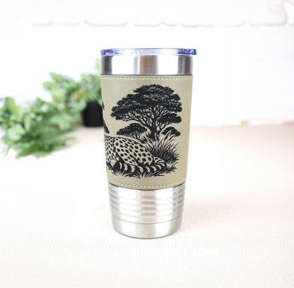 Cheetah Safari Engraved Travel Tumbler – Leatherette Wrap – 20 oz. Personalized Coffee Mug