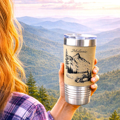 Engraved Mountains on Leather Wrapped Travel Tumbler, 20 oz. Coffee Mug