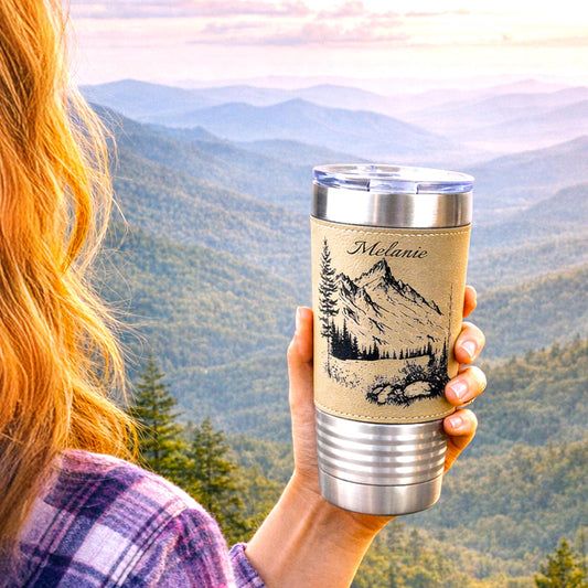 Engraved Mountains on Leather Wrapped Travel Tumbler, 20 oz. Coffee Mug