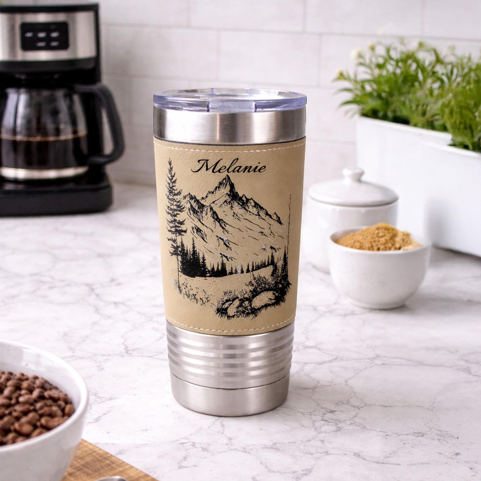 Engraved Mountains on Leather Wrapped Travel Tumbler, 20 oz. Coffee Mug