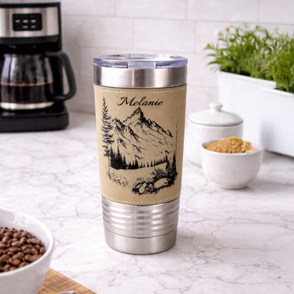 Engraved Mountains on Leather Wrapped Travel Tumbler, 20 oz. Coffee Mug