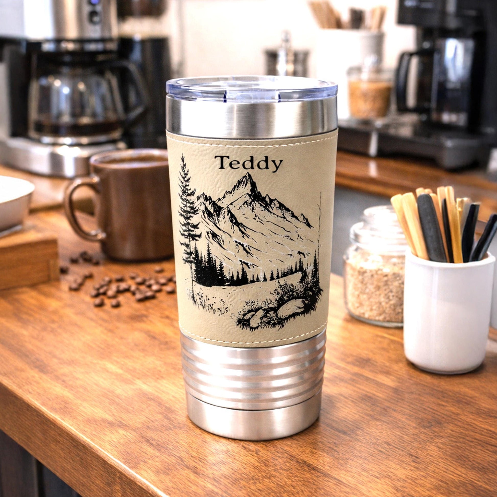 Engraved Mountains on Leather Wrapped Travel Tumbler, 20 oz. Coffee Mug
