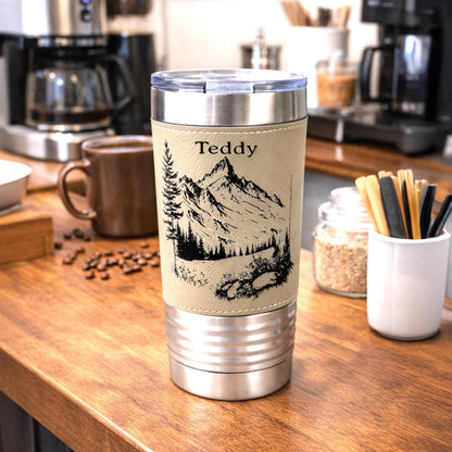 Engraved Mountains on Leather Wrapped Travel Tumbler, 20 oz. Coffee Mug
