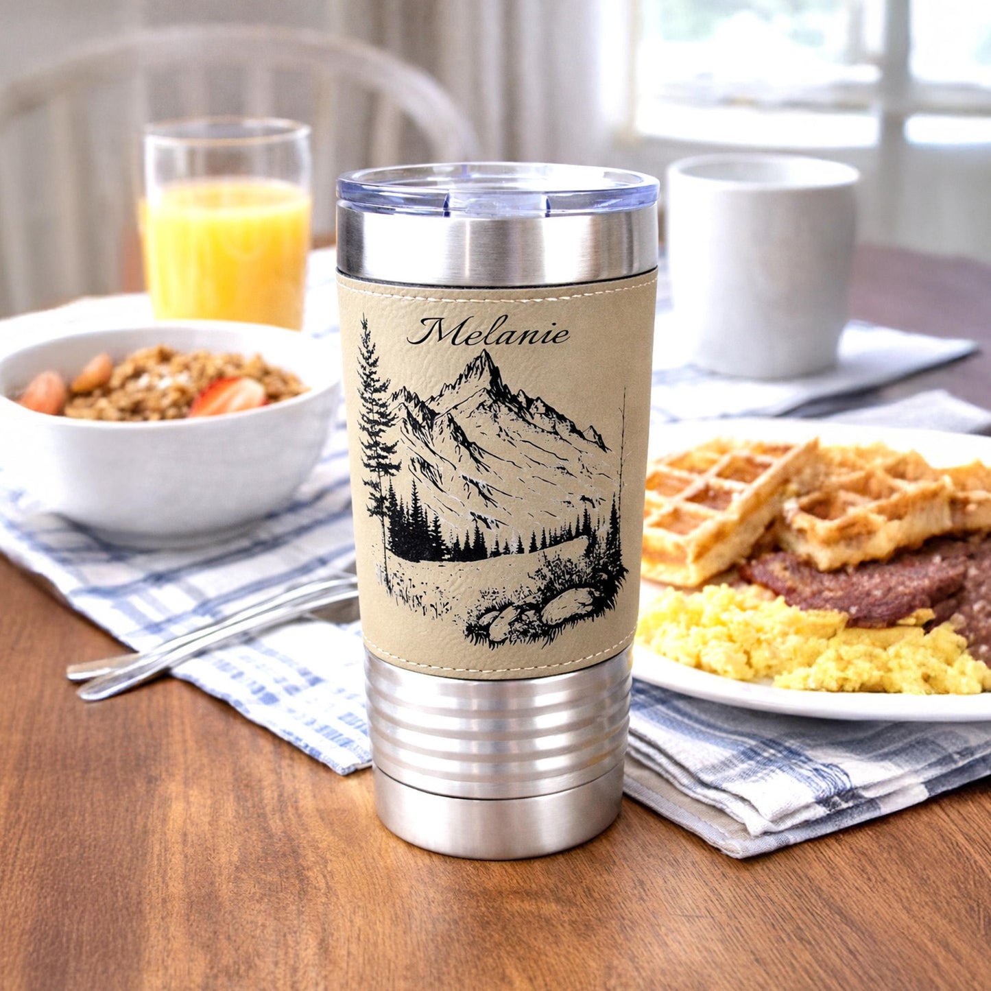 Engraved Mountains on Leather Wrapped Travel Tumbler, 20 oz. Coffee Mug