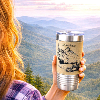 Engraved Mountains on Leather Wrapped Travel Tumbler, 20 oz. Coffee Mug