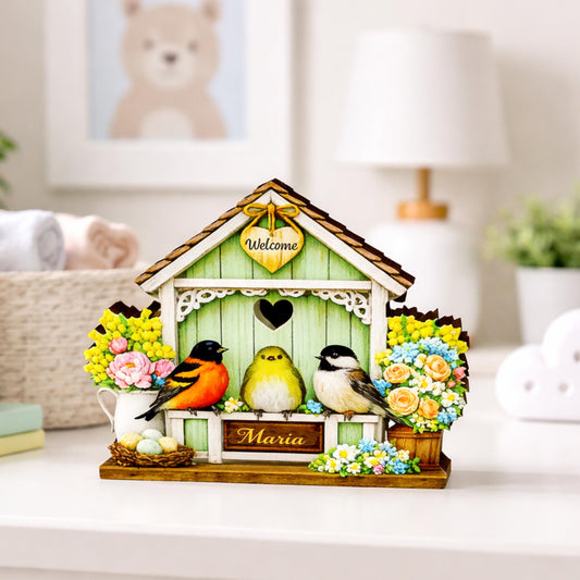 Personalized Green Birdhouse Shelf Sitter – Songbirds and Spring Flowers – Custom Name Kids Room Decor