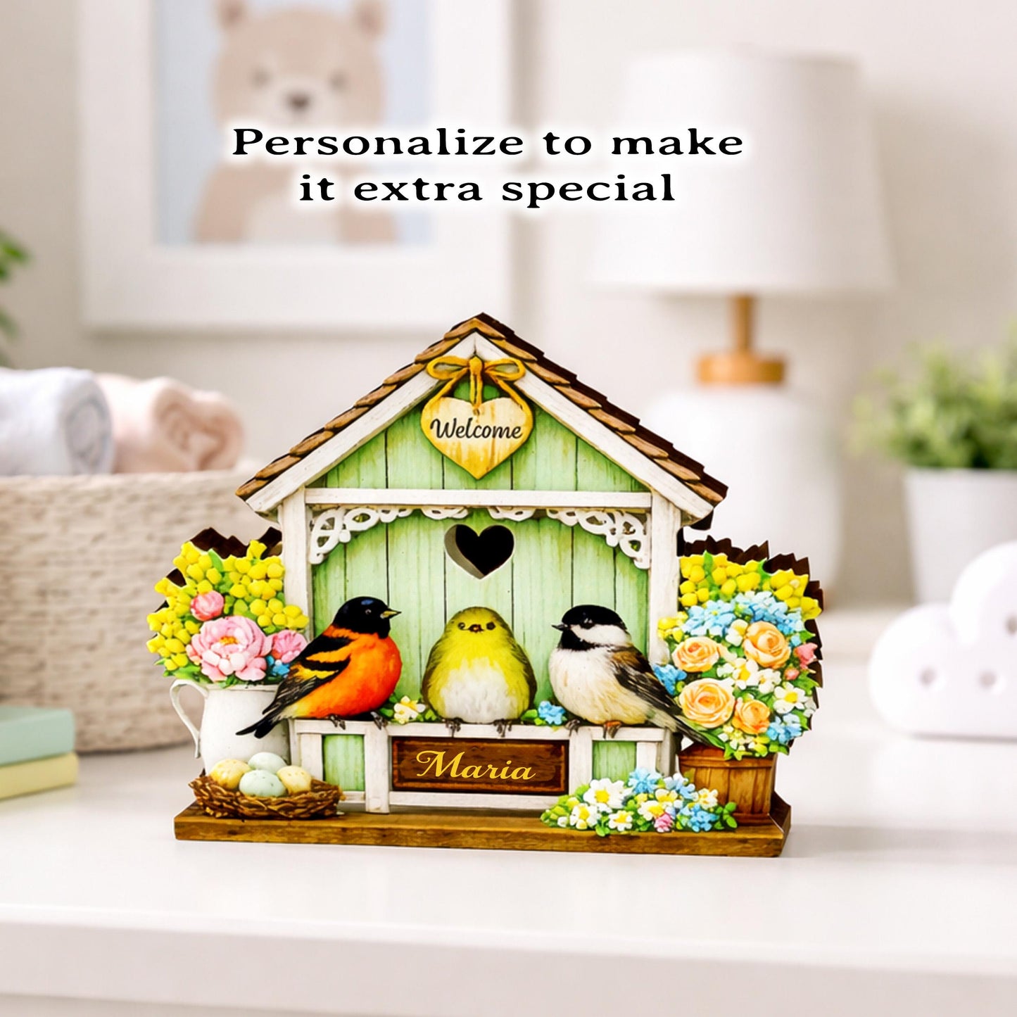 Personalized Green Birdhouse Shelf Sitter – Songbirds and Spring Flowers – Custom Name Kids Room Decor