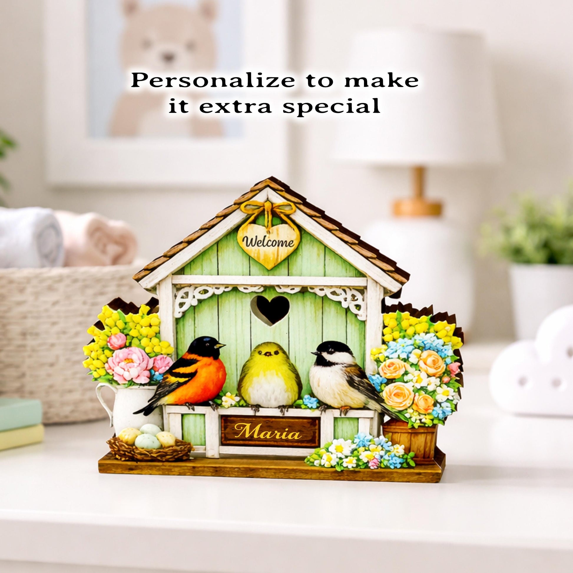 Personalized Green Birdhouse Shelf Sitter – Songbirds and Spring Flowers – Custom Name Kids Room Decor