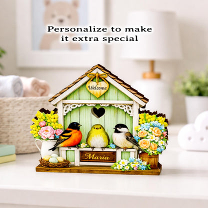 Personalized Green Birdhouse Shelf Sitter – Songbirds and Spring Flowers – Custom Name Kids Room Decor