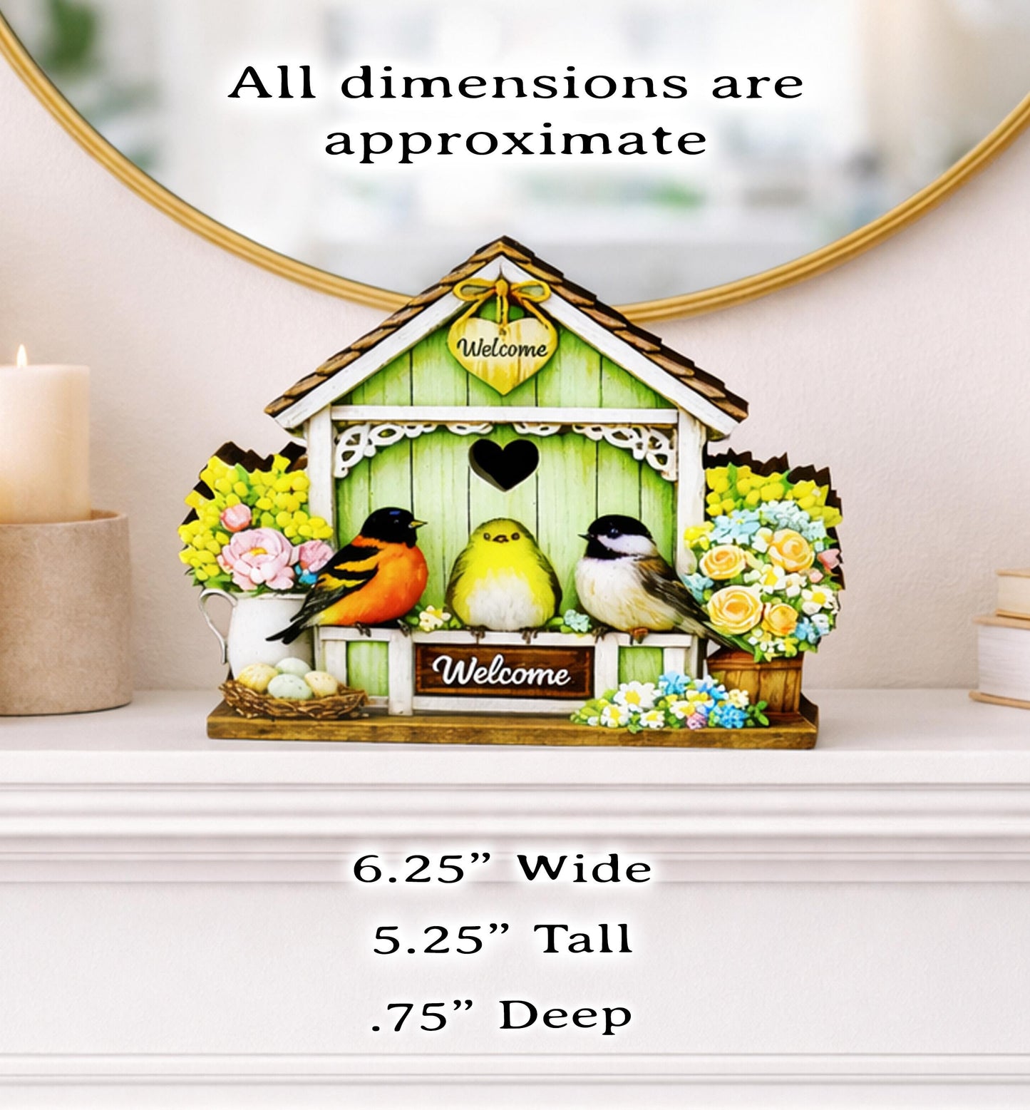 Personalized Green Birdhouse Shelf Sitter – Songbirds and Spring Flowers – Custom Name Kids Room Decor
