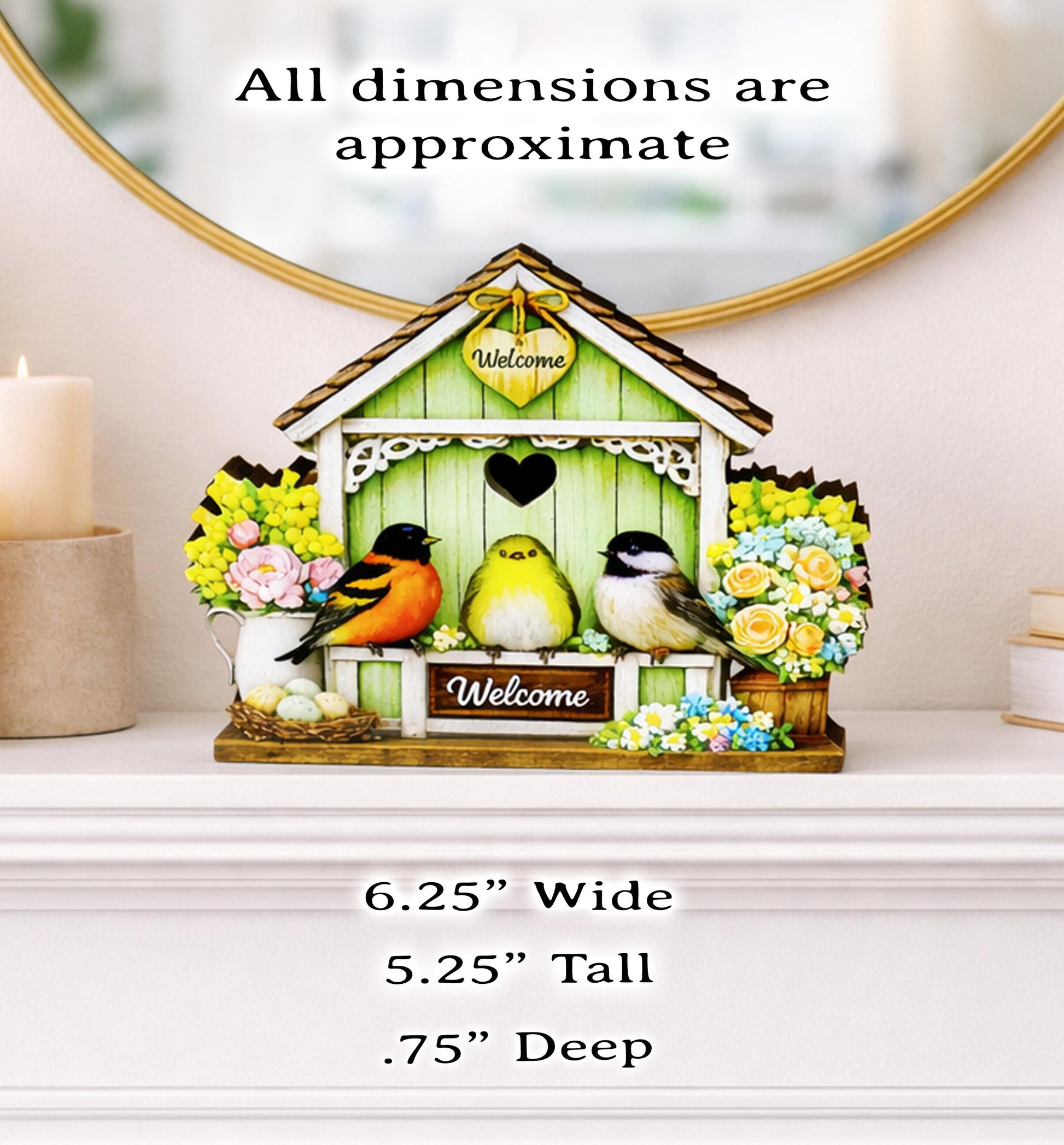 Personalized Green Birdhouse Shelf Sitter – Songbirds and Spring Flowers – Custom Name Kids Room Decor