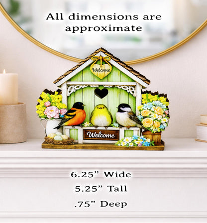 Personalized Green Birdhouse Shelf Sitter – Songbirds and Spring Flowers – Custom Name Kids Room Decor