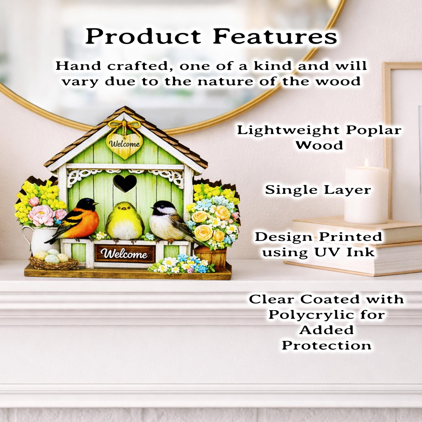 Personalized Green Birdhouse Shelf Sitter – Songbirds and Spring Flowers – Custom Name Kids Room Decor