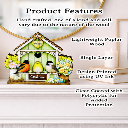 Personalized Green Birdhouse Shelf Sitter – Songbirds and Spring Flowers – Custom Name Kids Room Decor