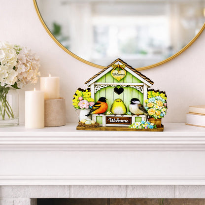 Personalized Green Birdhouse Shelf Sitter – Songbirds and Spring Flowers – Custom Name Kids Room Decor