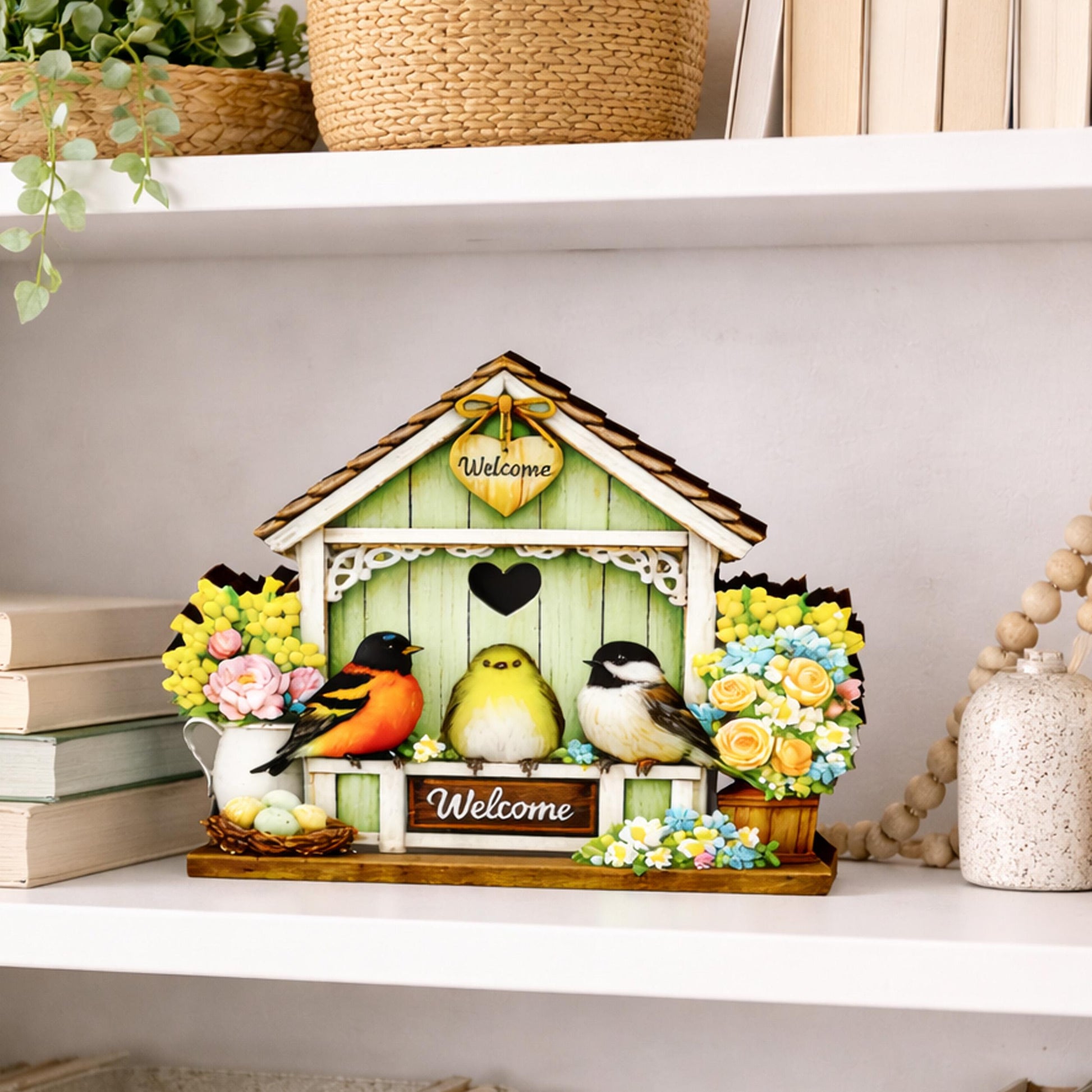 Personalized Green Birdhouse Shelf Sitter – Songbirds and Spring Flowers – Custom Name Kids Room Decor