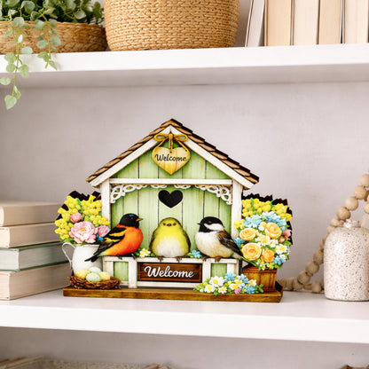 Personalized Green Birdhouse Shelf Sitter – Songbirds and Spring Flowers – Custom Name Kids Room Decor