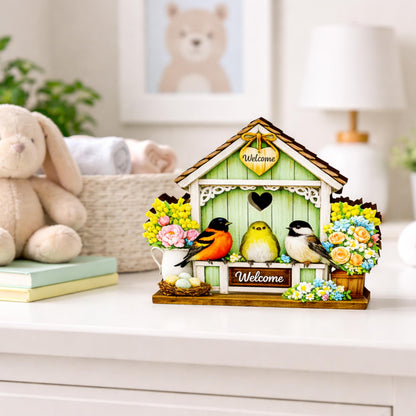 Personalized Green Birdhouse Shelf Sitter – Songbirds and Spring Flowers – Custom Name Kids Room Decor