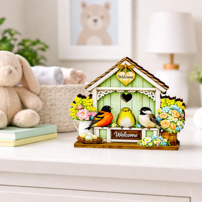 Personalized Green Birdhouse Shelf Sitter – Songbirds and Spring Flowers – Custom Name Kids Room Decor