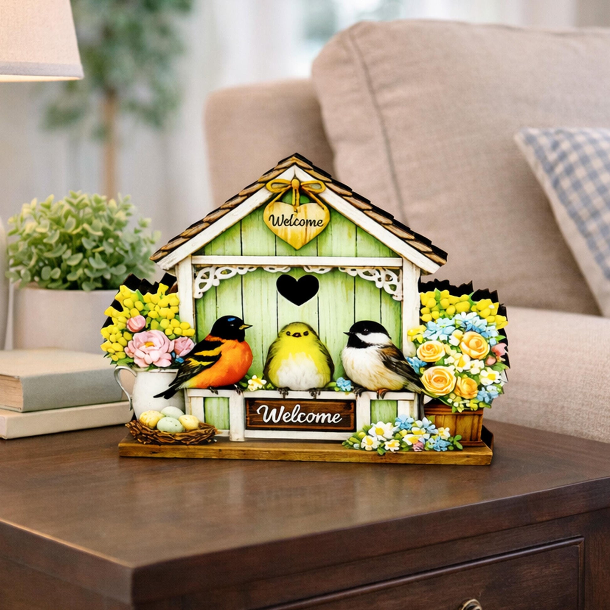 Personalized Green Birdhouse Shelf Sitter – Songbirds and Spring Flowers – Custom Name Kids Room Decor