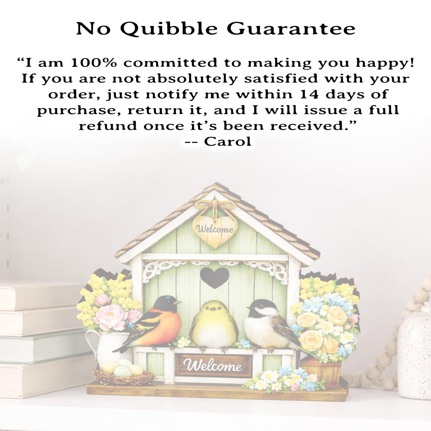 Personalized Green Birdhouse Shelf Sitter – Songbirds and Spring Flowers – Custom Name Kids Room Decor