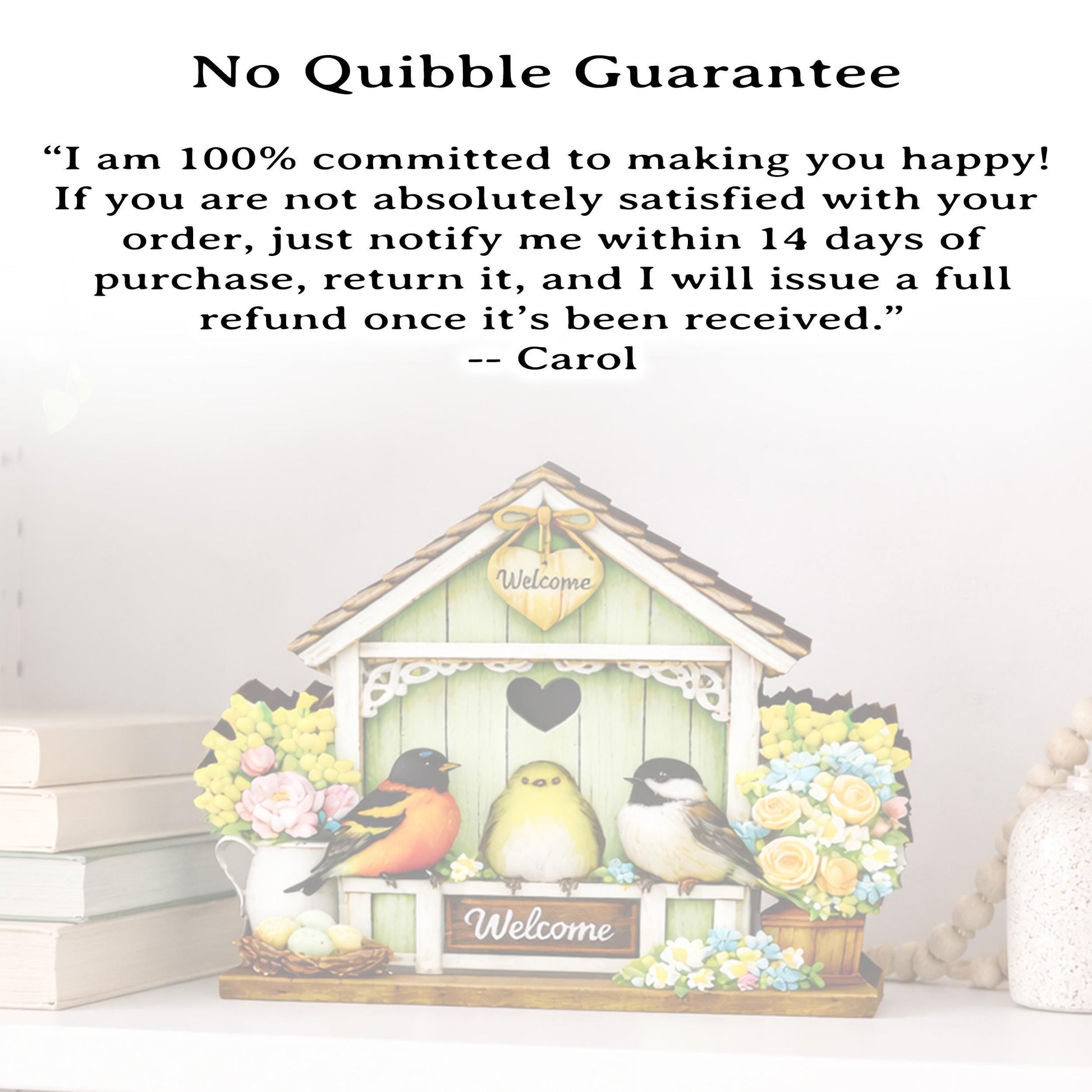 Personalized Green Birdhouse Shelf Sitter – Songbirds and Spring Flowers – Custom Name Kids Room Decor