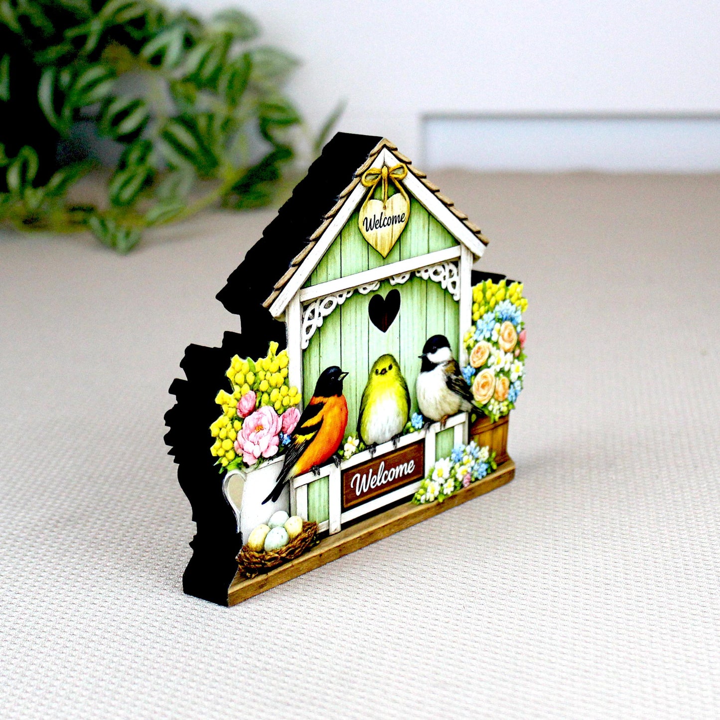 Personalized Green Birdhouse Shelf Sitter – Songbirds and Spring Flowers – Custom Name Kids Room Decor