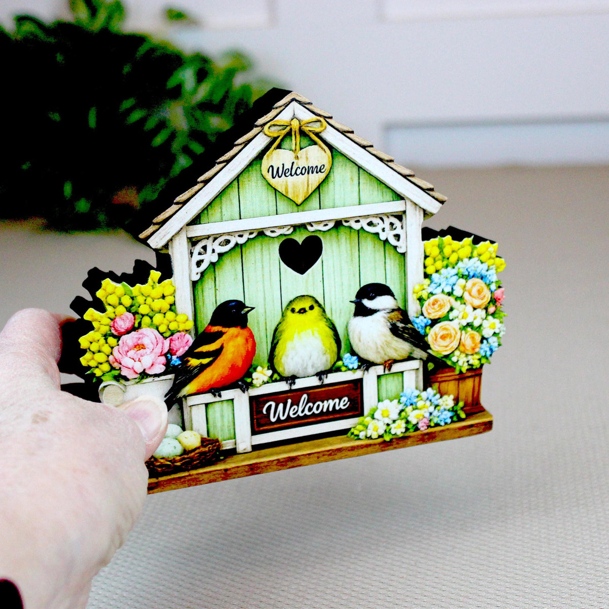 Personalized Green Birdhouse Shelf Sitter – Songbirds and Spring Flowers – Custom Name Kids Room Decor