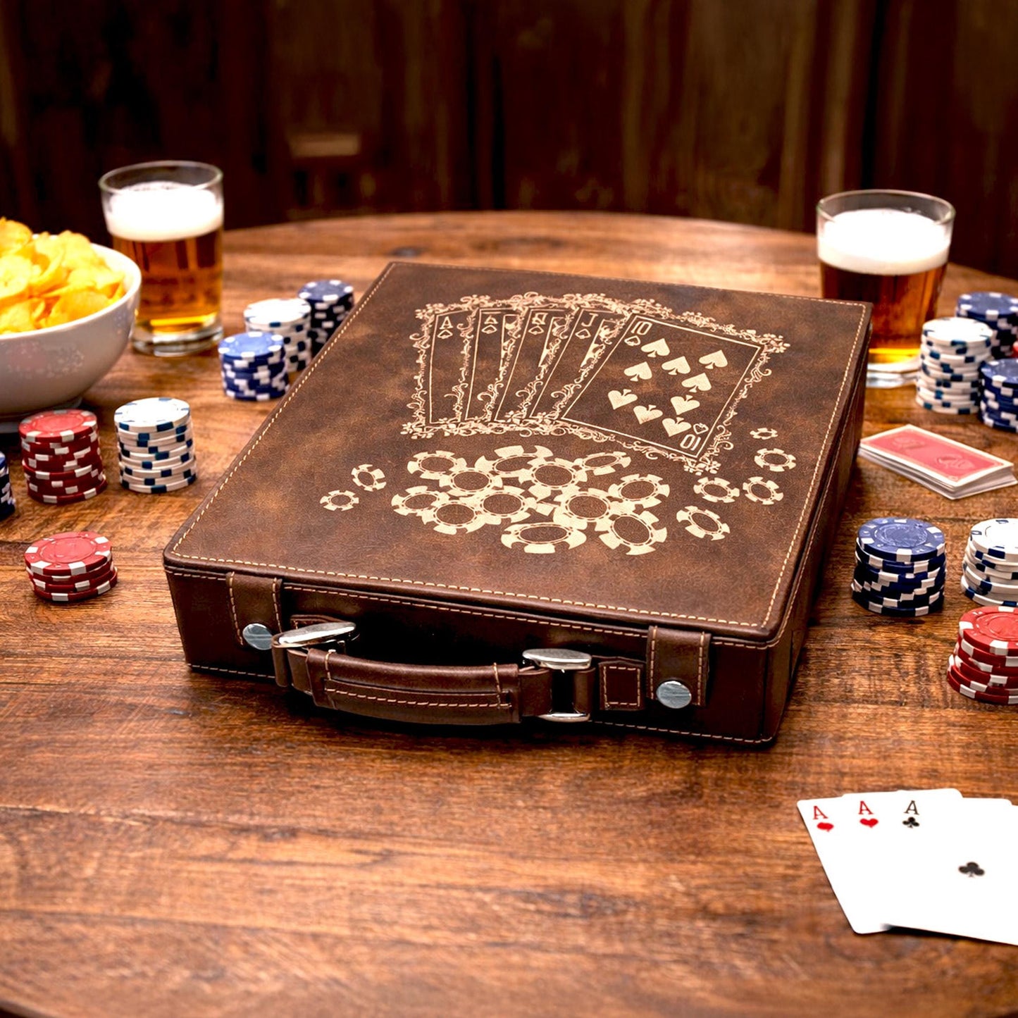 Custom Poker Set, 100 Piece Leatherette Poker Gift Set Engraved with Custom Design can be personalized and ready for Poker Night