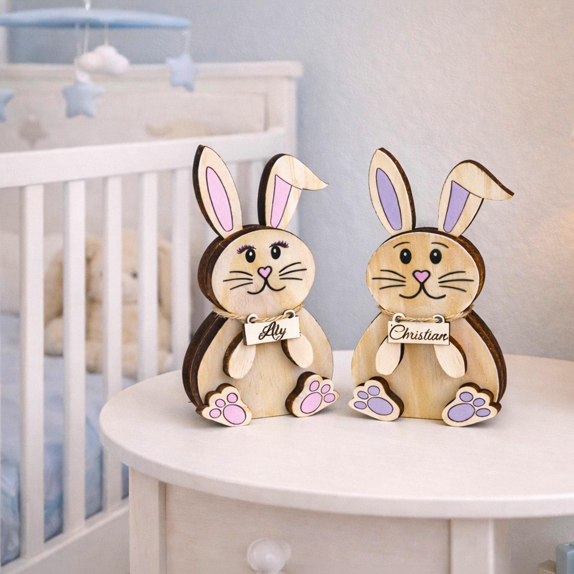 Personalized Woodland Bunny Shelf Sitter Set – Boy & Girl Multi-Layer Wood Decor – Nursery/Kids Room
