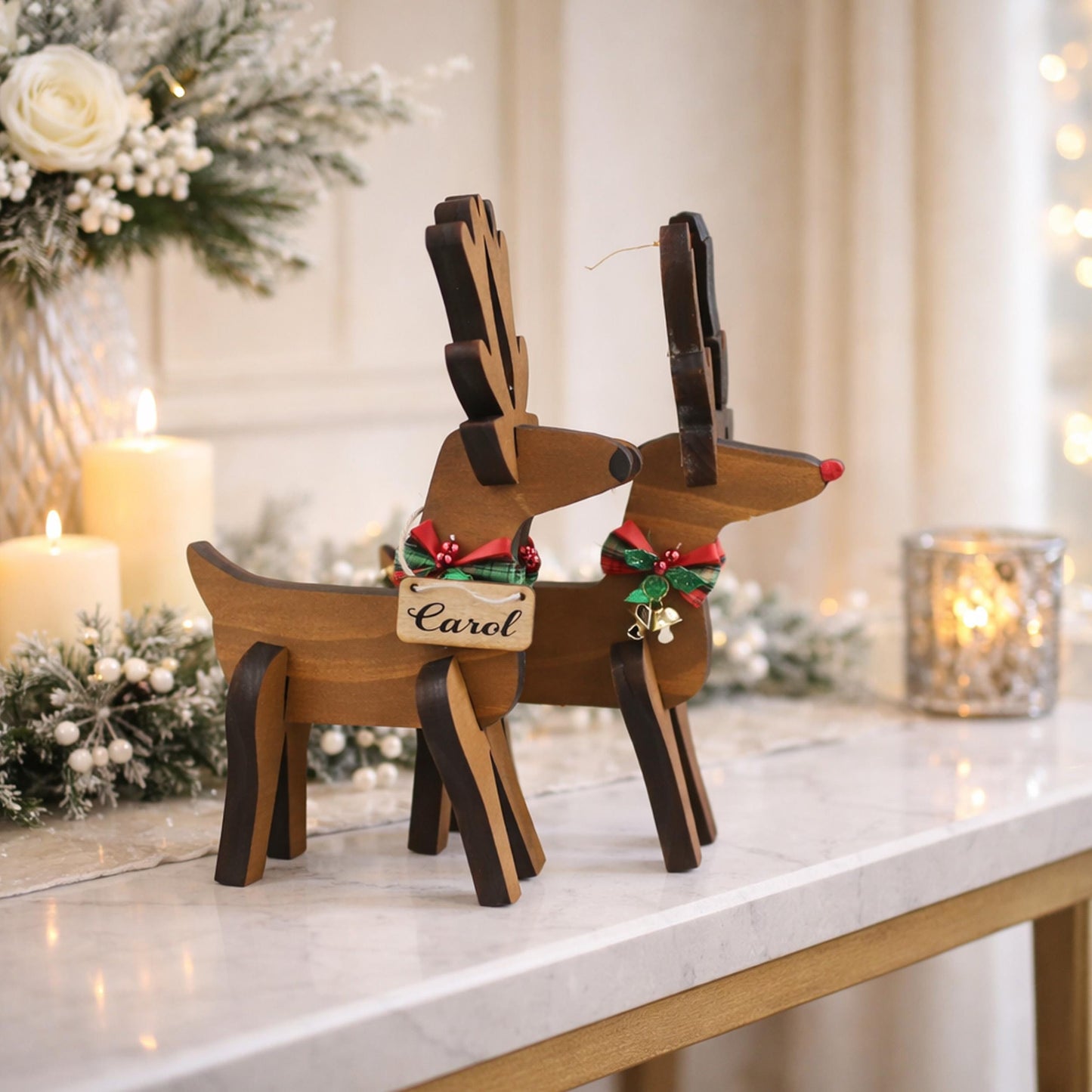 Rustic Wooden Christmas Reindeer Set of 2, Modern Farmhouse Decor, Antique White or Brown, Fireplace Mantel Decoration, Tabletop Centerpiece