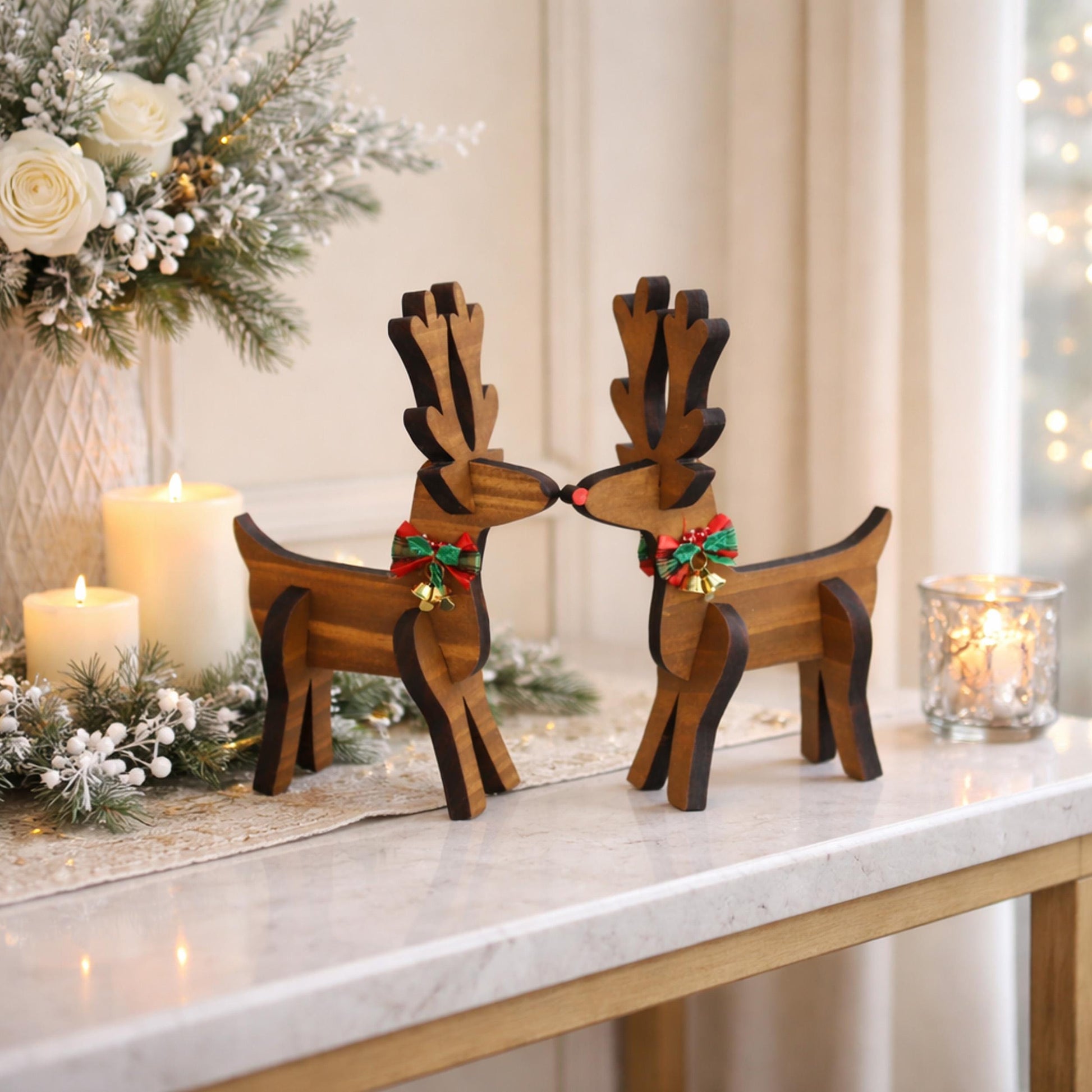 Rustic Wooden Christmas Reindeer Set of 2, Modern Farmhouse Decor, Antique White or Brown, Fireplace Mantel Decoration, Tabletop Centerpiece