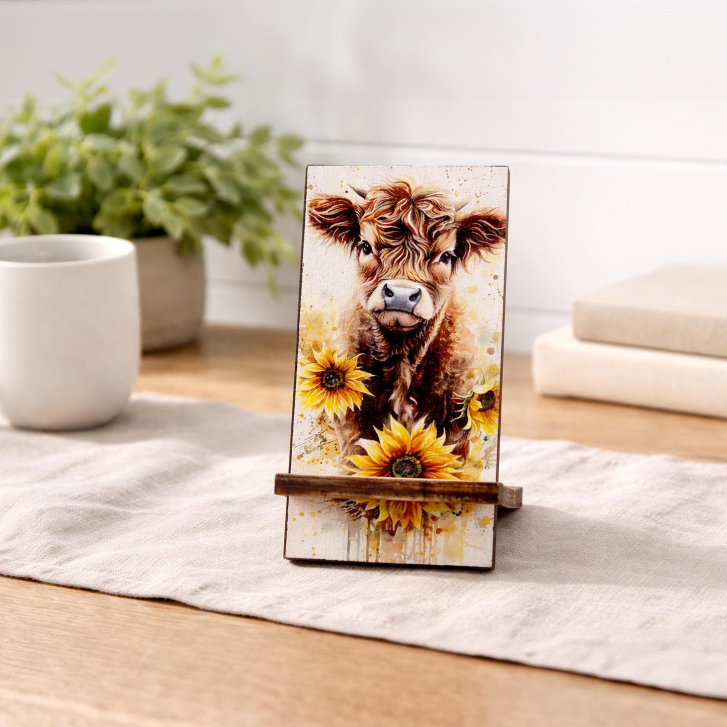 Personalized Highland Cow and Sunflowers cell phone stand, Rustic Wooden Phone Holder, Cute Decorative Custom Gift, Charging Cable Access