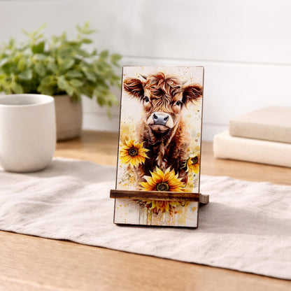 Personalized Highland Cow and Sunflowers cell phone stand, Rustic Wooden Phone Holder, Cute Decorative Custom Gift, Charging Cable Access