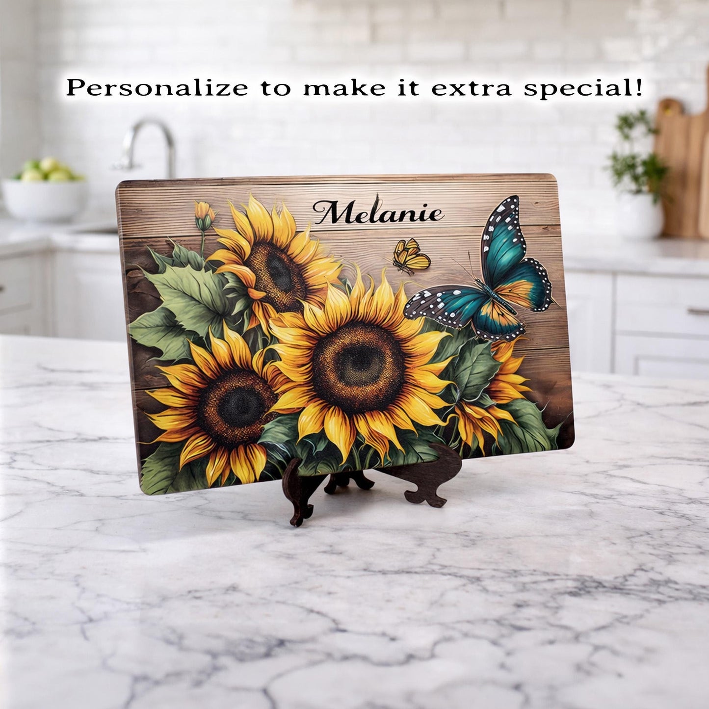 Sunflower Kitchen Decor, Sunflowers and Butterflies Brighten up your Kitchen Decor with this Environmentally Friendly Bamboo Cutting Board