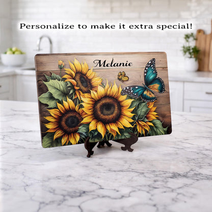 Sunflower Kitchen Decor, Sunflowers and Butterflies Brighten up your Kitchen Decor with this Environmentally Friendly Bamboo Cutting Board