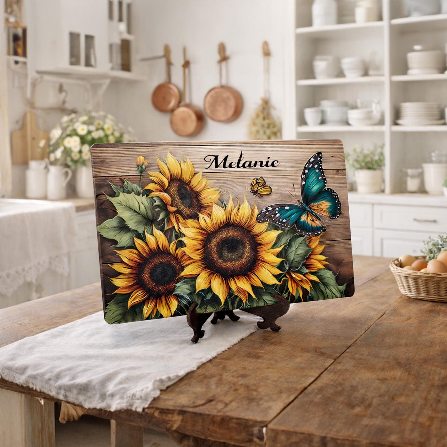 Sunflower Kitchen Decor, Sunflowers and Butterflies Brighten up your Kitchen Decor with this Environmentally Friendly Bamboo Cutting Board