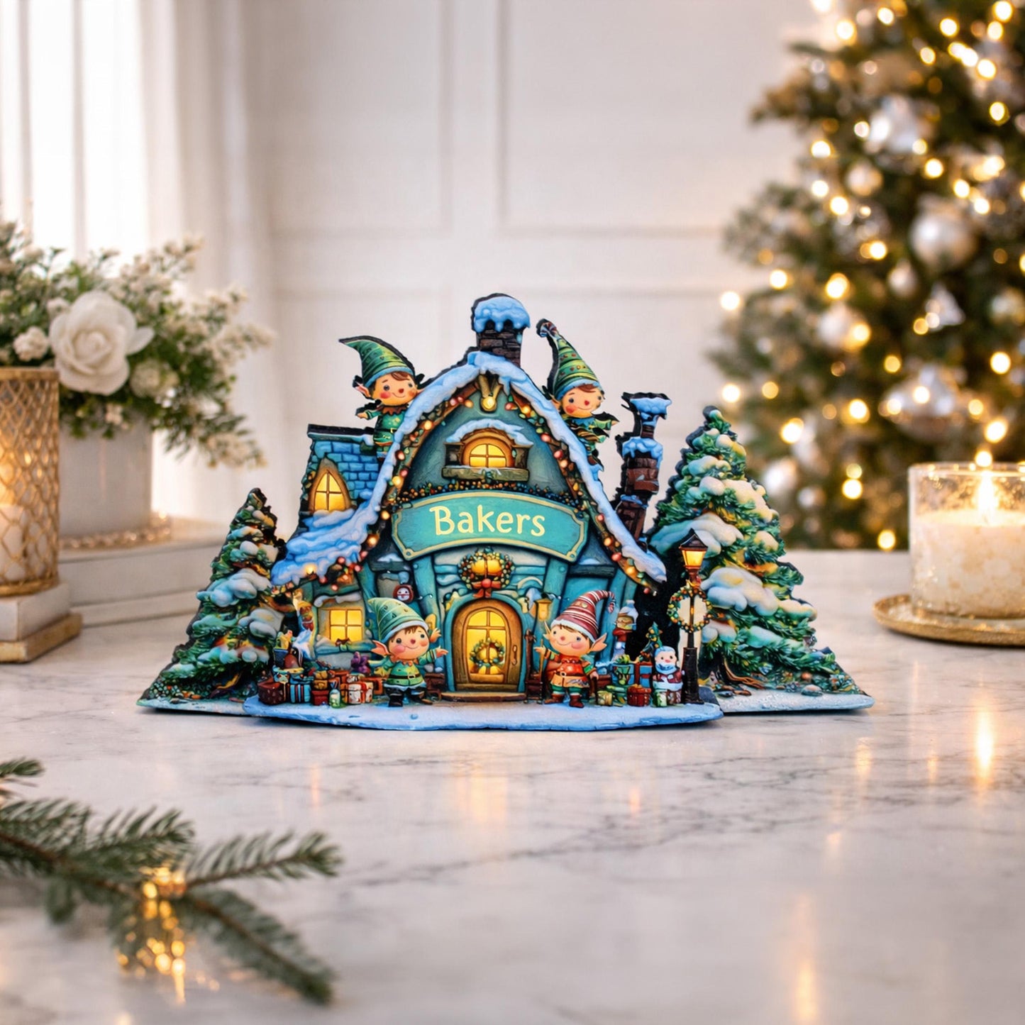 Personalized North Pole Workshop Shelf Sitter: Wooden Christmas Village Decor