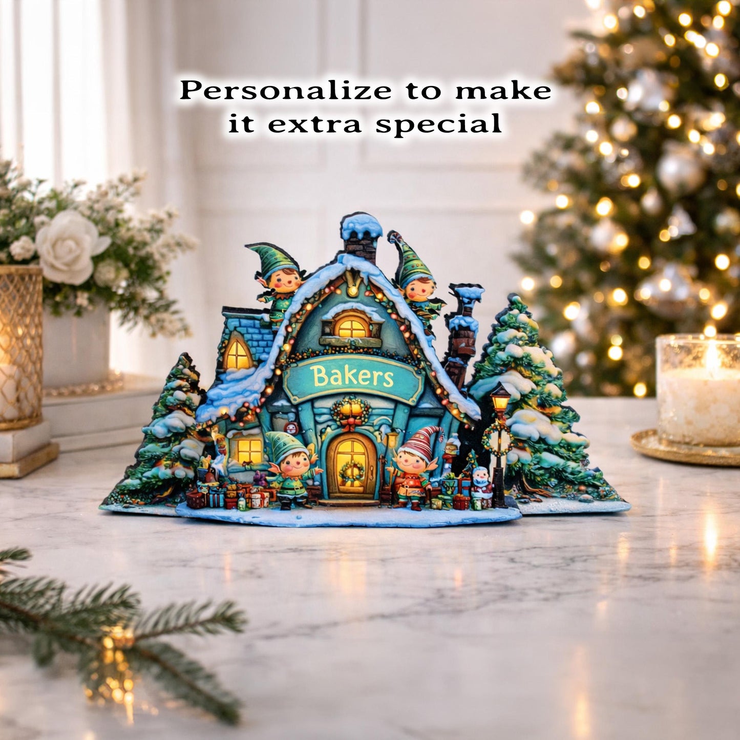 Personalized North Pole Workshop Shelf Sitter: Wooden Christmas Village Decor