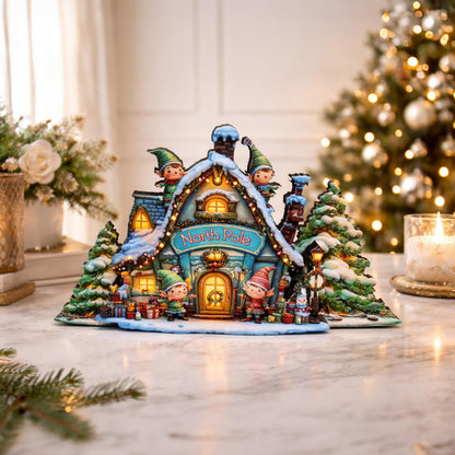 Personalized North Pole Workshop Shelf Sitter: Wooden Christmas Village Decor