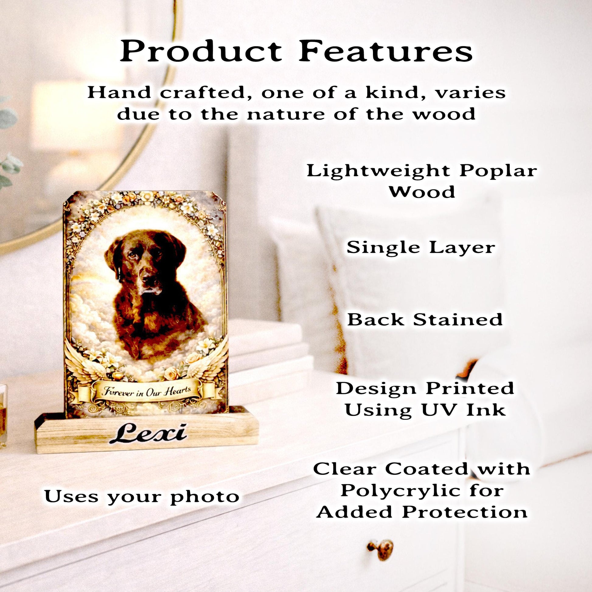 Custom Pet Memorial Photo Shelf Sitter – Personalized Name Base, Dog/Cat Mantel Decor Using Your Favorite Photo