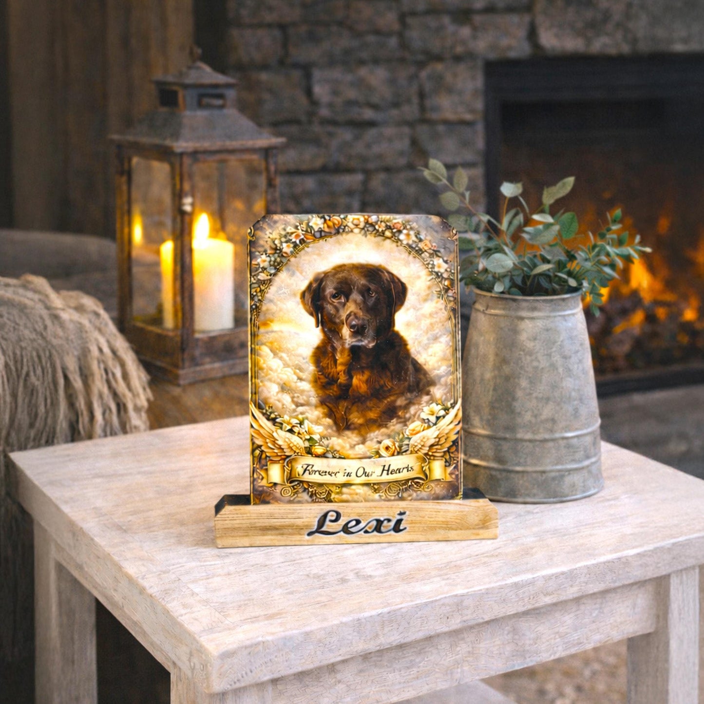 Custom Pet Memorial Photo Shelf Sitter – Personalized Name Base, Dog/Cat Mantel Decor Using Your Favorite Photo