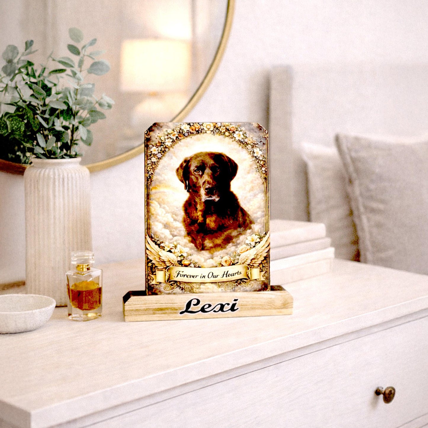 Custom Pet Memorial Photo Shelf Sitter – Personalized Name Base, Dog/Cat Mantel Decor Using Your Favorite Photo