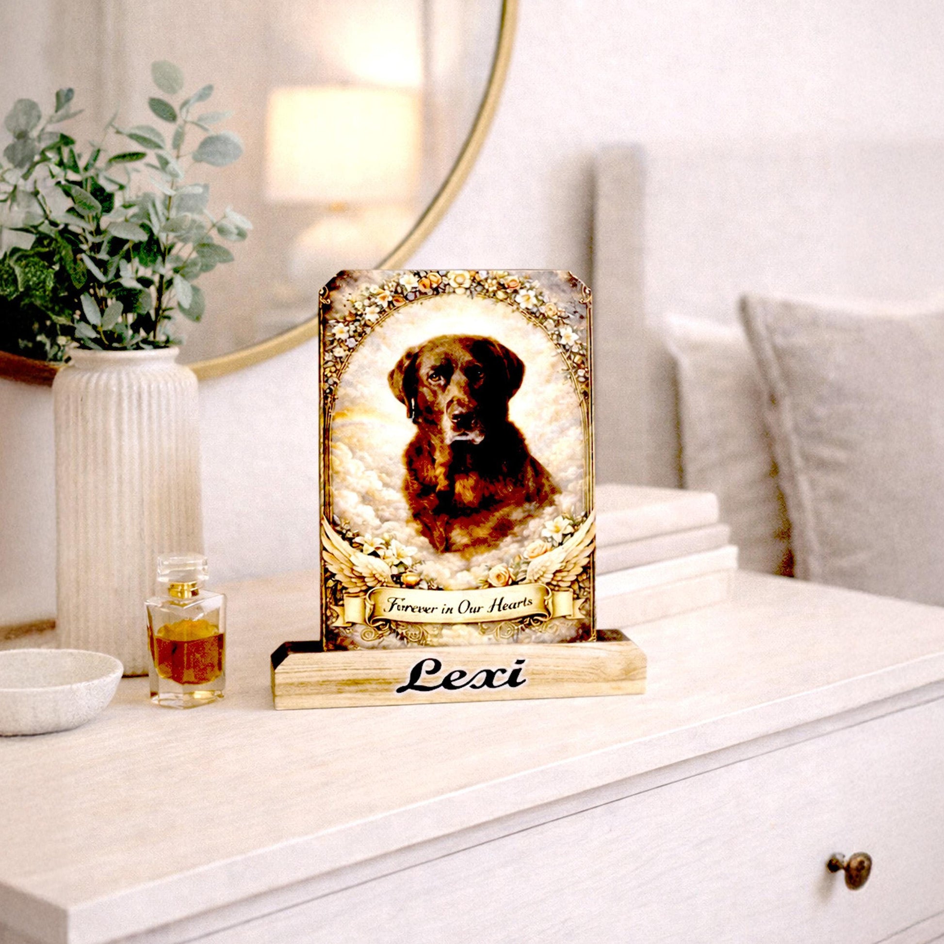 Custom Pet Memorial Photo Shelf Sitter – Personalized Name Base, Dog/Cat Mantel Decor Using Your Favorite Photo