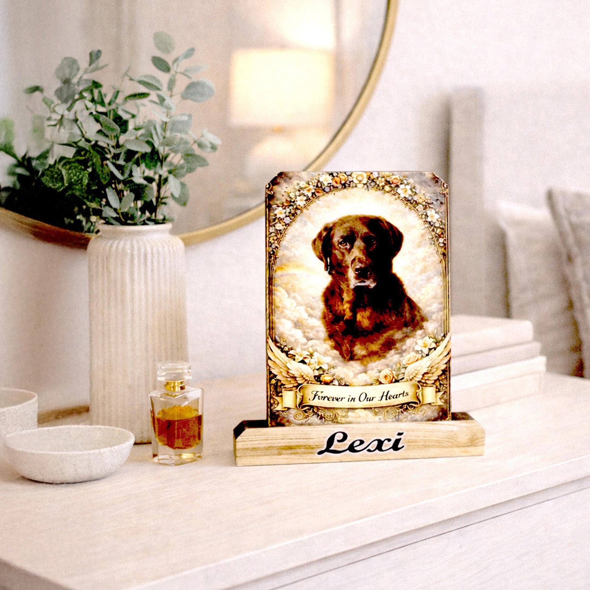 Custom Pet Memorial Photo Shelf Sitter – Personalized Name Base, Dog/Cat Mantel Decor Using Your Favorite Photo